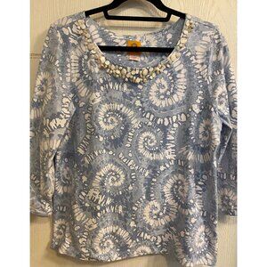 Blue 3/4 sleeve top with design on neck Top